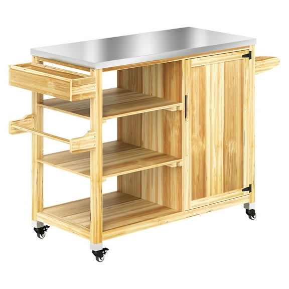 Outdoor Grill Cart with Stainless Steel Top, Solid Wood Kitchen Island - Rolling Prep Station for Patio, BBQ, Bar - Natural Wood Finish