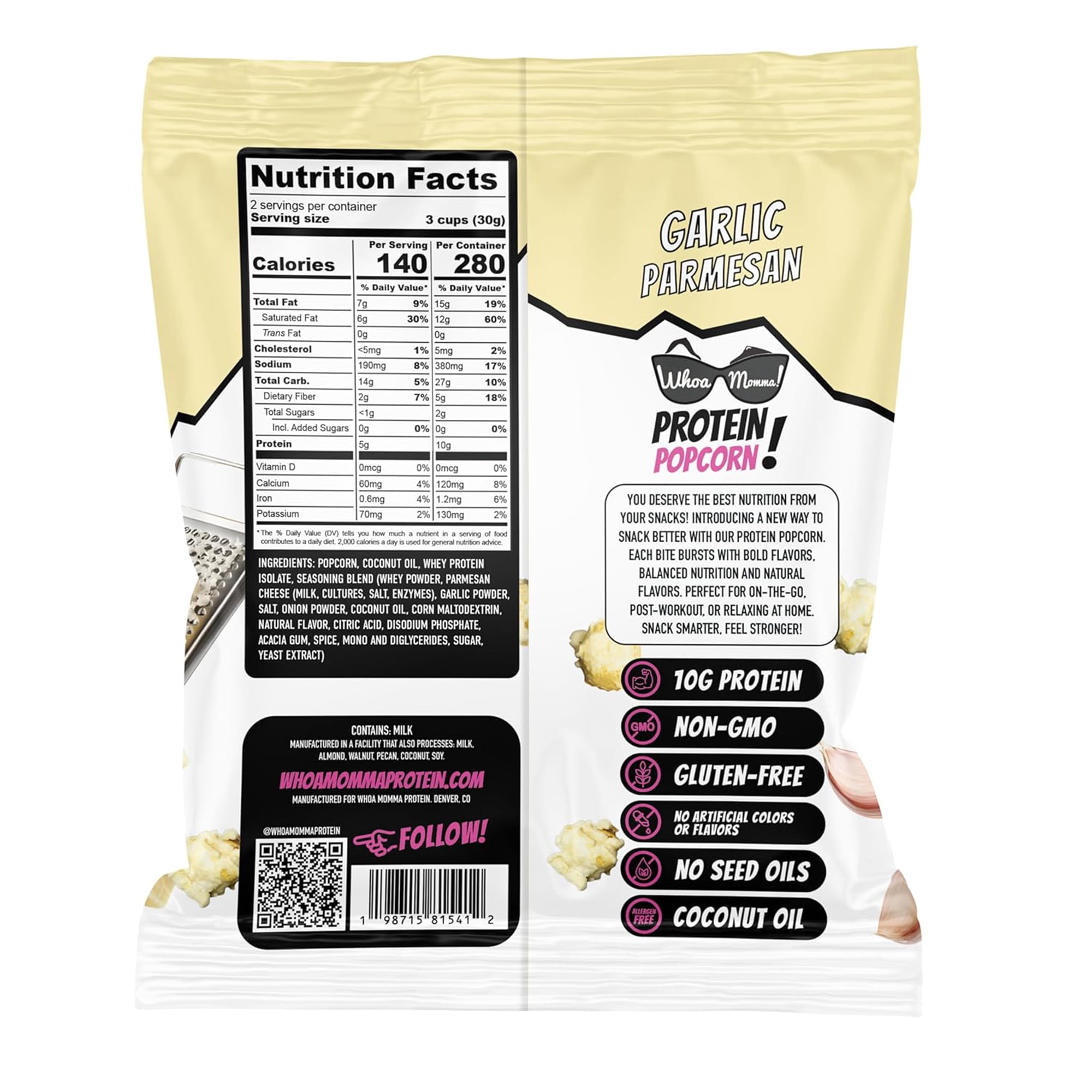 Whoa Momma! Protein Popcorn Garlic Parmesan, High Protein, Gluten Free Cheese Popcorn, 12-pack of 1oz Bags