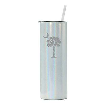 

20 oz Skinny Tall Tumbler Stainless Steel Vacuum Insulated Travel Mug Cup With Straw Palmetto Tree South Carolina Palm Moon (White Iridescent Glitter)