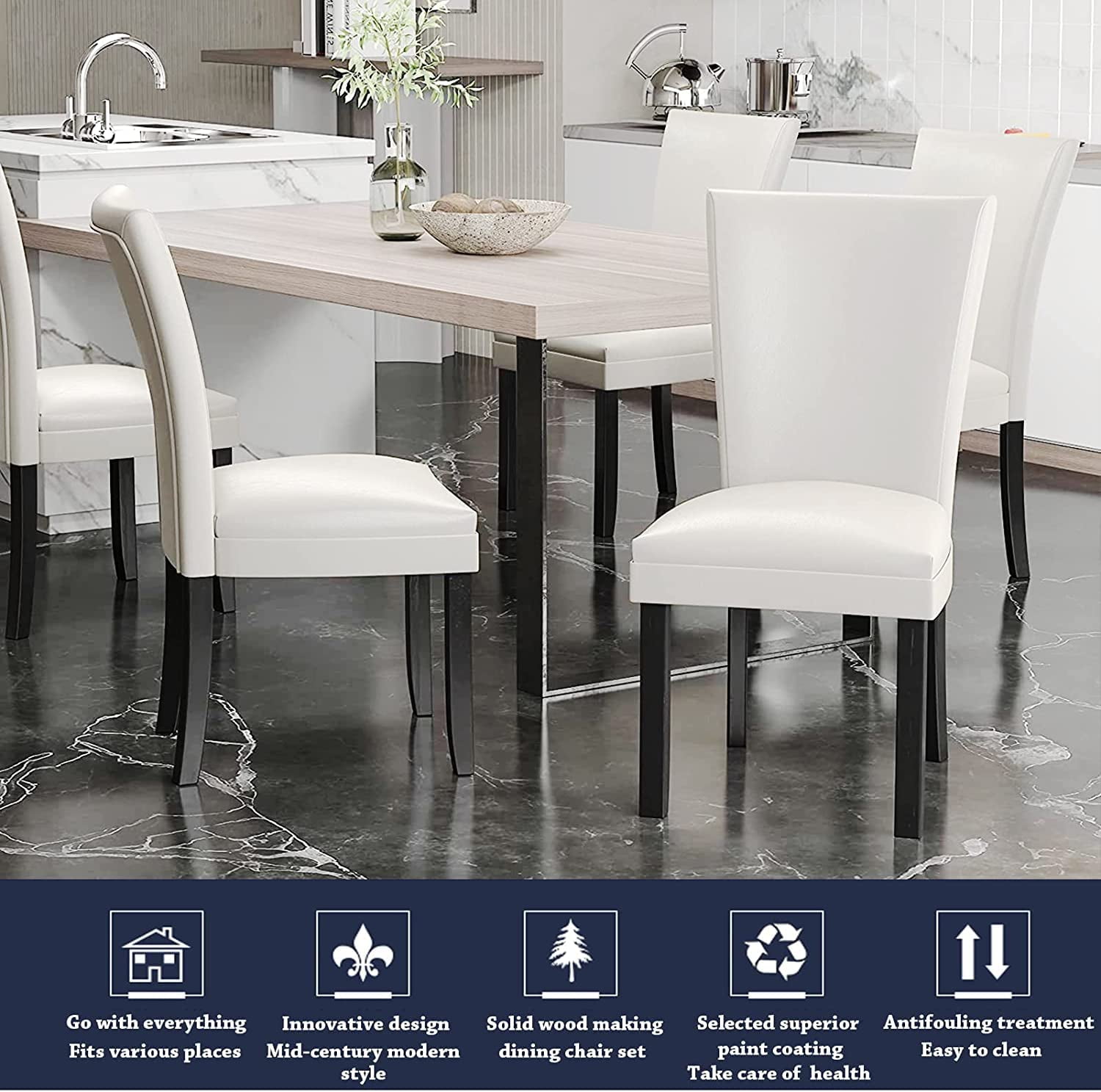 JESONVID Set of 6 Faux Leather Upholstered Parsons Dining Chair with High Backrest, Kitchen Accent Side Chairs with Solid Wood Legs Armless Dining Room Chair, Ivory White 1331WT