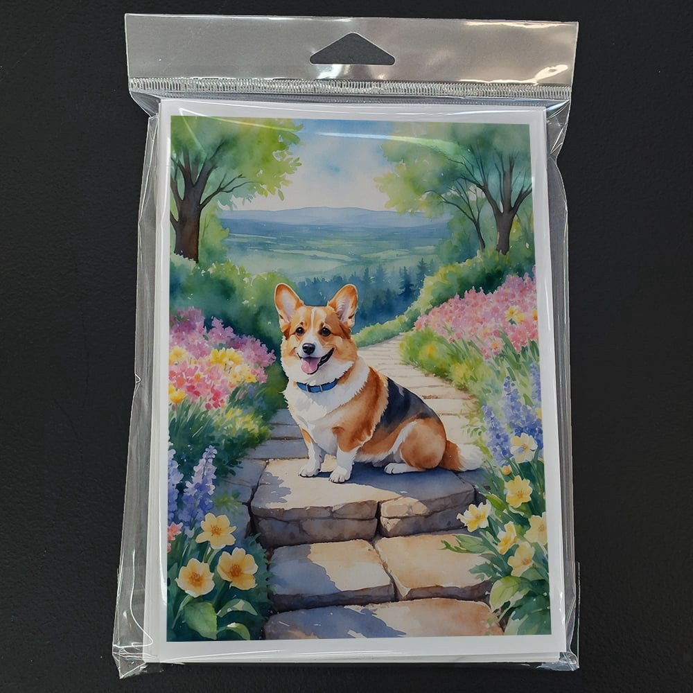 Corgi Spring Path Greeting Cards Pack of 8 7 in x 5 in