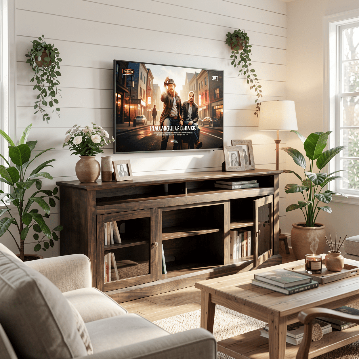 Homy Casa TV Stand for 65 Inch TV with Storage Cabinets and Cable Management for Living Room, Brown