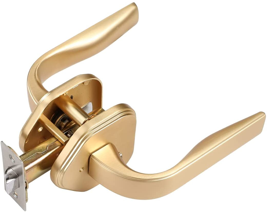 Square Door Lever with Lock,Brushed Gold Door Handles for Bathroom Door，Interior Door Knobs