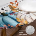 thumbnail image 3 of Orange Blue Fall Round Tablecloth, Fitted Table Cover with Elastic for 36"-44" Round Tables, Pumpkins Botanical Thanksgiving Wooden Table Cloth Outdoor Indoor Dinning Party Waterproof Tablecloths, 3 of 7