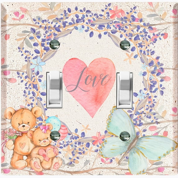 Metal Light Switch Wall Plate Outlet Cover (2 Teddy Bears With Love Heart Flower Balloon Flower Wreath Beige - Double Toggle)