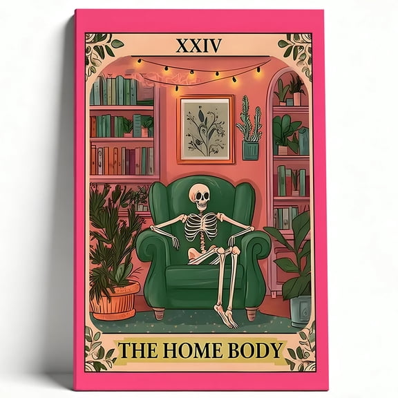 The Home Body Skeleton Relaxing In Cozy Library Premium Framed Canvas Wall Art - Whimsical Gothic Decor For Living Room Reading Nook, Easy To Hang, High-Definition Print 8*12inch(20*30cm)