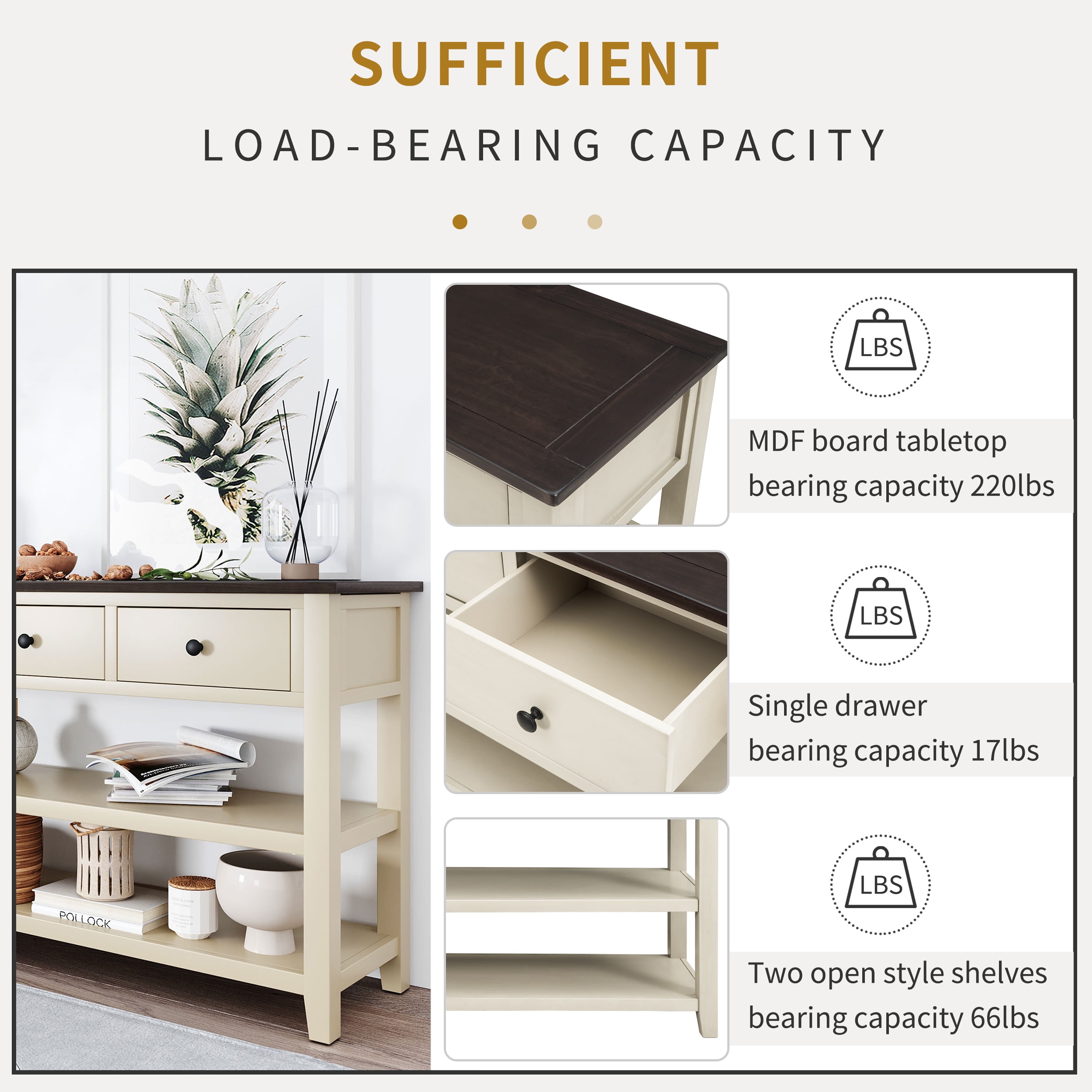 Harper & Bright Designs Retro Console Table with Storage Drawers and Two Open Shelves, Solid Wood Rustic Sofa Table for Entryway Living Room, Beige, Espresso