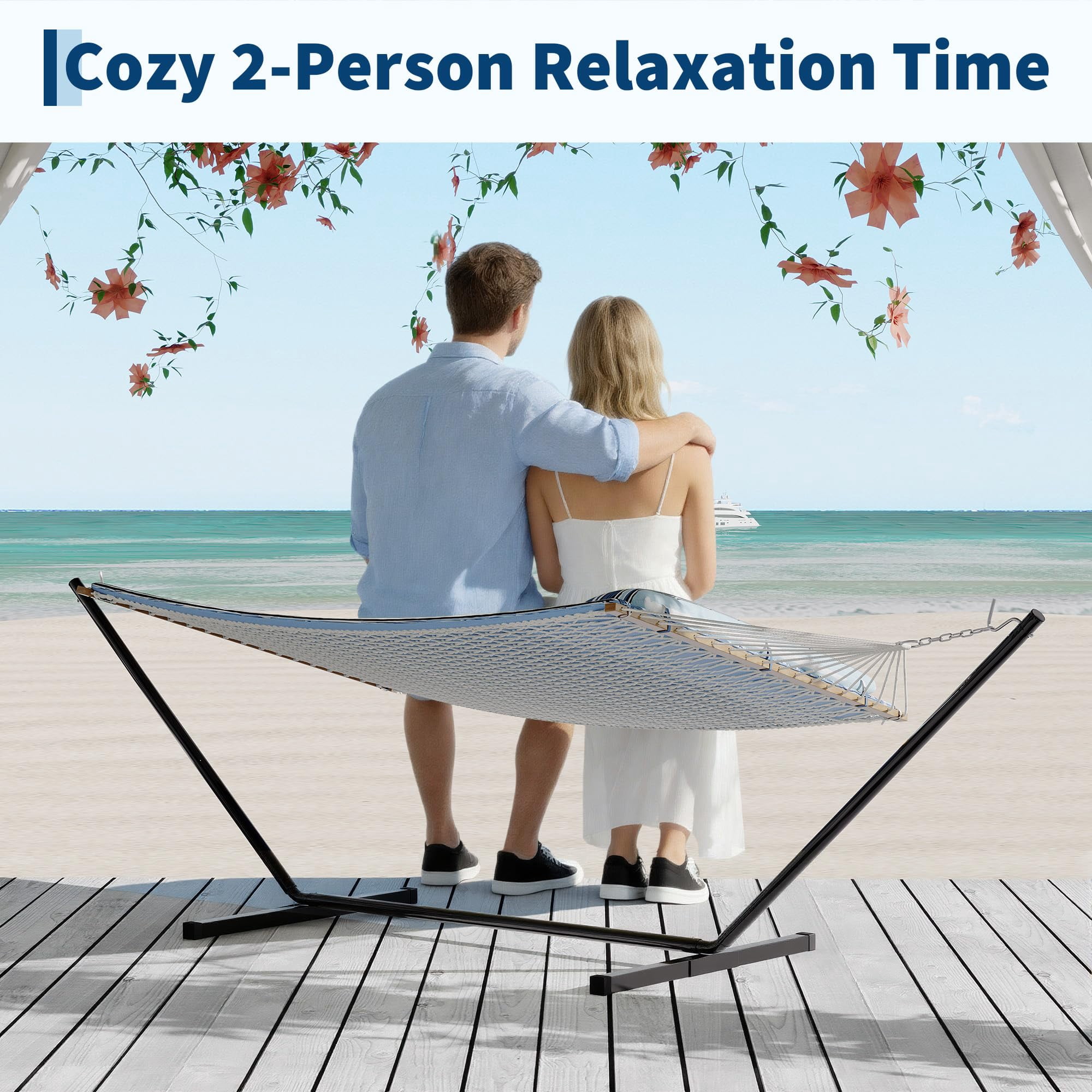 12FT Hammocks 2 Person, Double Quilted Fabric Outdoor Hammock with Spreader Bar, Large Removable Pillow, Storage Pockets, Carabiners, 450 Lbs Capacity, for Hiking, Beach, Blue Striped