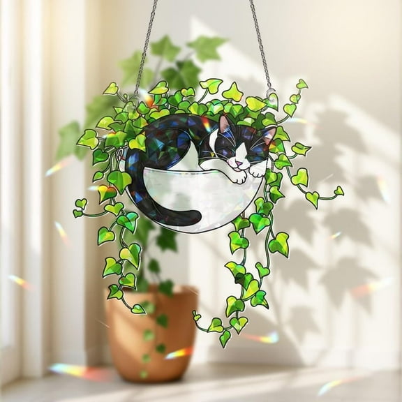 ViciArt Tuxedo Cat Acrylic Window Hanging, 4" Black & White Cat Suncatcher, Ivy Plant Home Decor