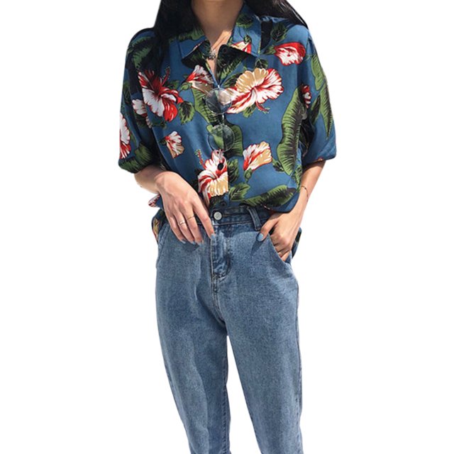 Camisa de vacaciones Mujer Blusa informal con estampado floral de verano Top de manga corta, Azul Methold AP001495-02B