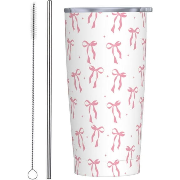 Pink Bow Stars Tumbler, Ribbon Bow 20oz Stainless Steel Insulated Travel Tumbler,Travel Coffee Mug with Lid and Straw Cups Gifts for Women Men