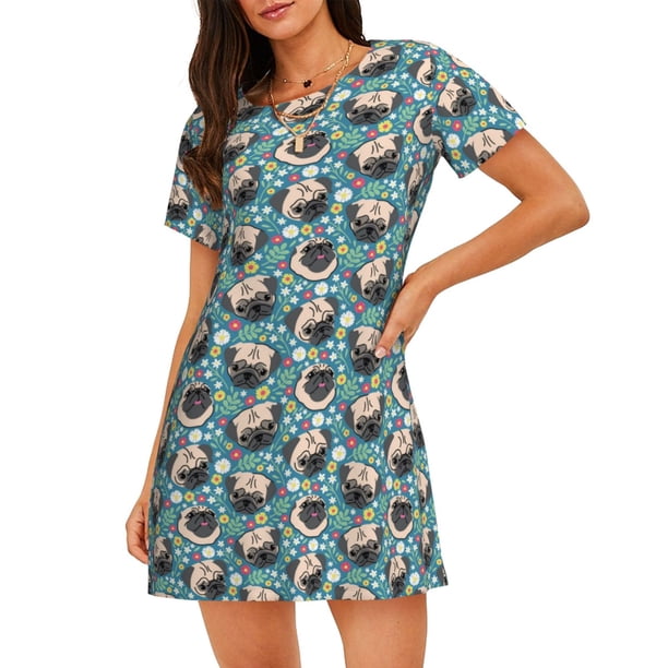 Disketp PUG HEAD And Flower para Camisón Corto de Manga Corta para Mujeres, Camisón Cómodo con Escote Redondo, Bonito y Confortable
