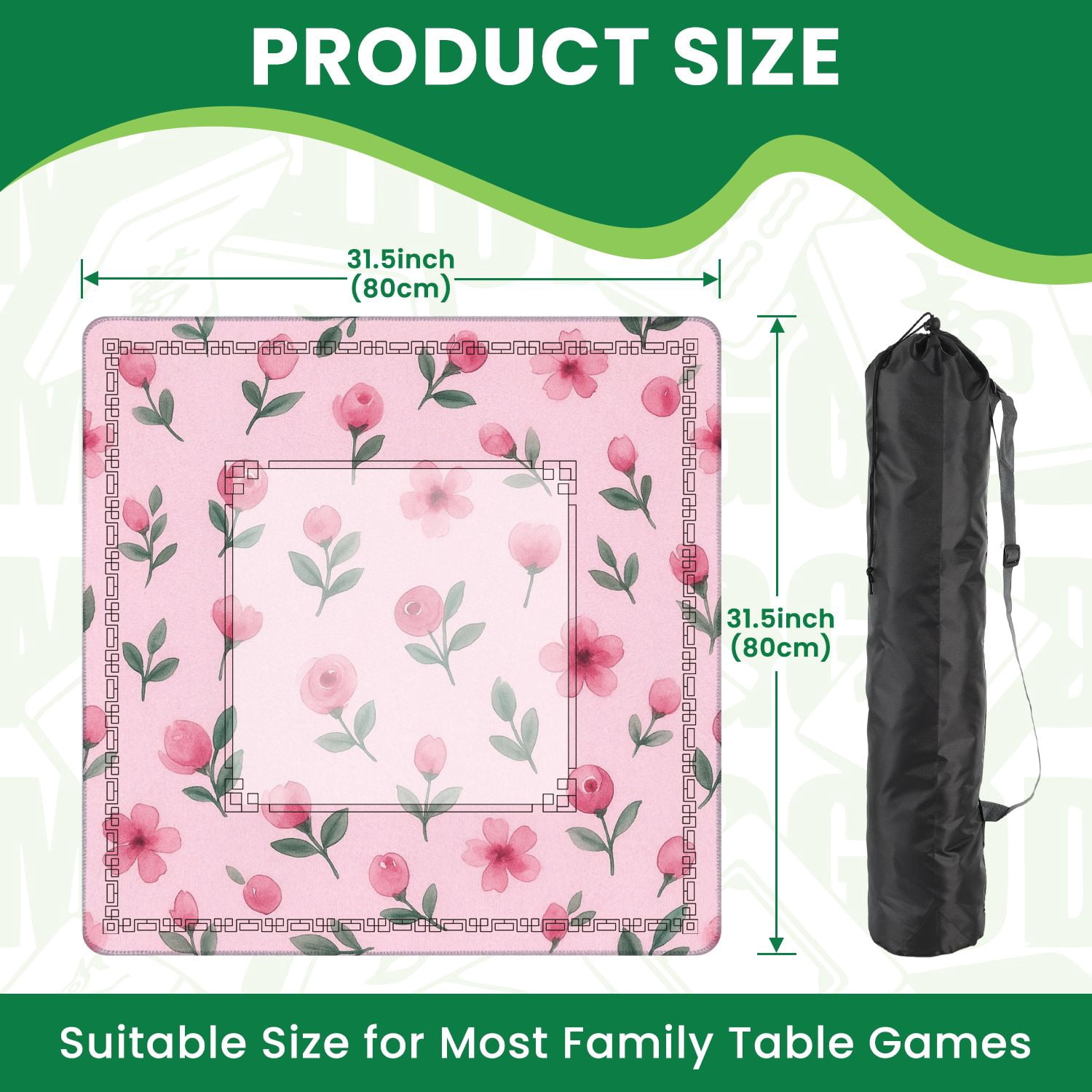 Mahjong Mat 31.5" x 31.5" Soft Pink Watercolor Floral Green Leaves Non-Slip Noise Reduction American Mahjong Tiles Table Cover for Dominoes Poker Card Board Games Gift
