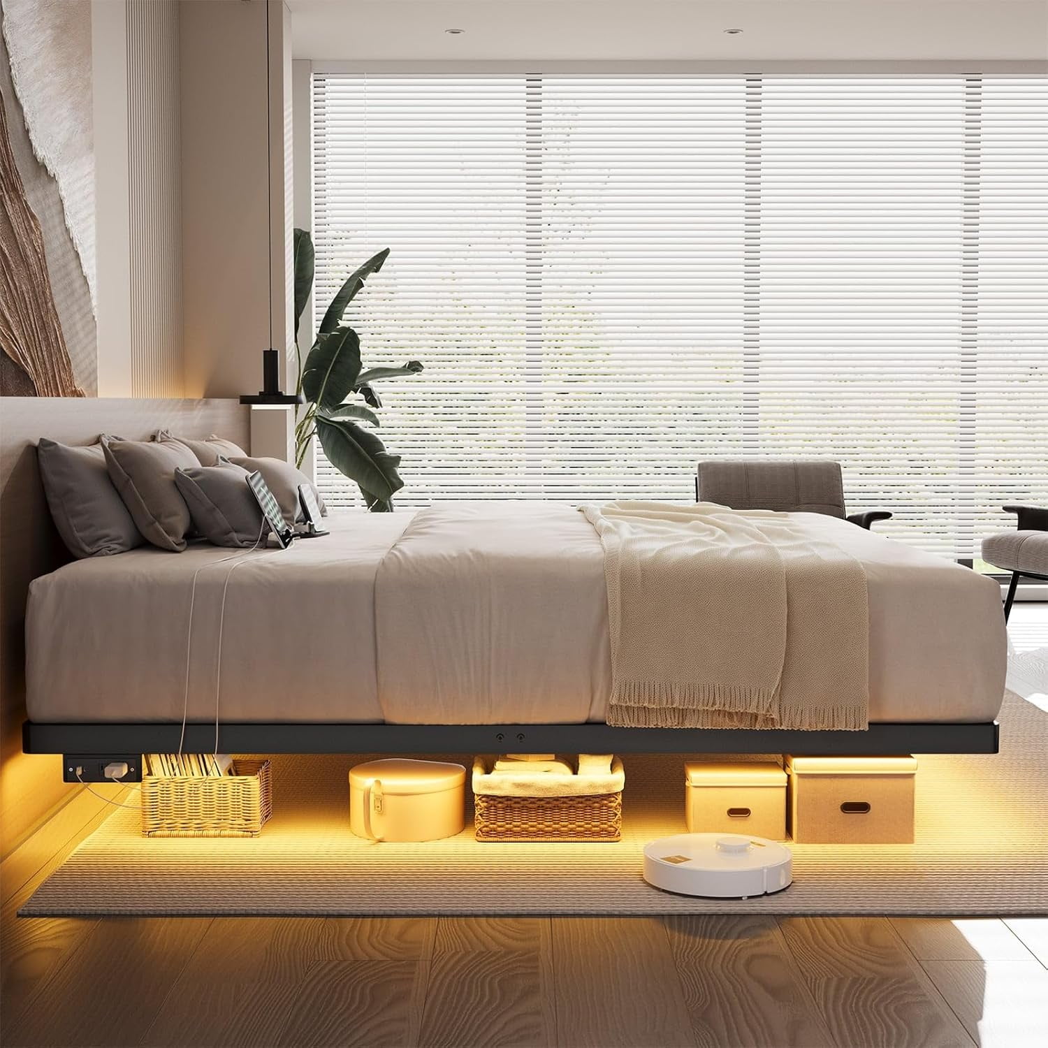 King Size Floating Bed Frame with USB Charging Station and Smart LED Lights, Heavy Duty Metal Platform Bed with Underbed Storage Space, Easy to Assemble, Noise-Free, No Box Spring Needed