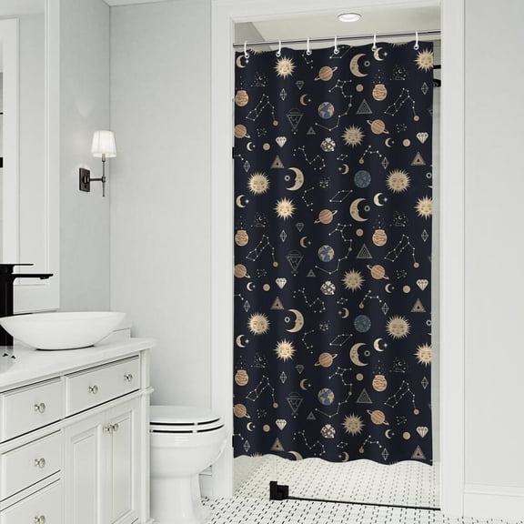 Dark Blue Sun Moon Cloud Star Pattern Shower Curtain 36"x72" ,Bathroom Decorative Shower Curtains Set with 12 Hooks,Modern Waterproof Washable Shower Curtain