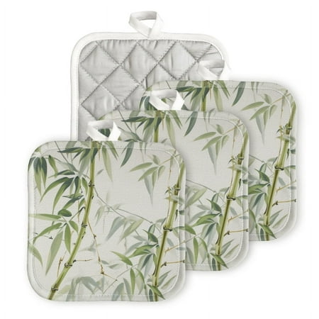 

Bahomeck Pot Holder 4Pcs Bamboo Leaves And Green Leaves With A White Background Square Heat Resistant Hot Pads For Kitchen Cooking Oven With Hanging Loop Potholder Easy To Store