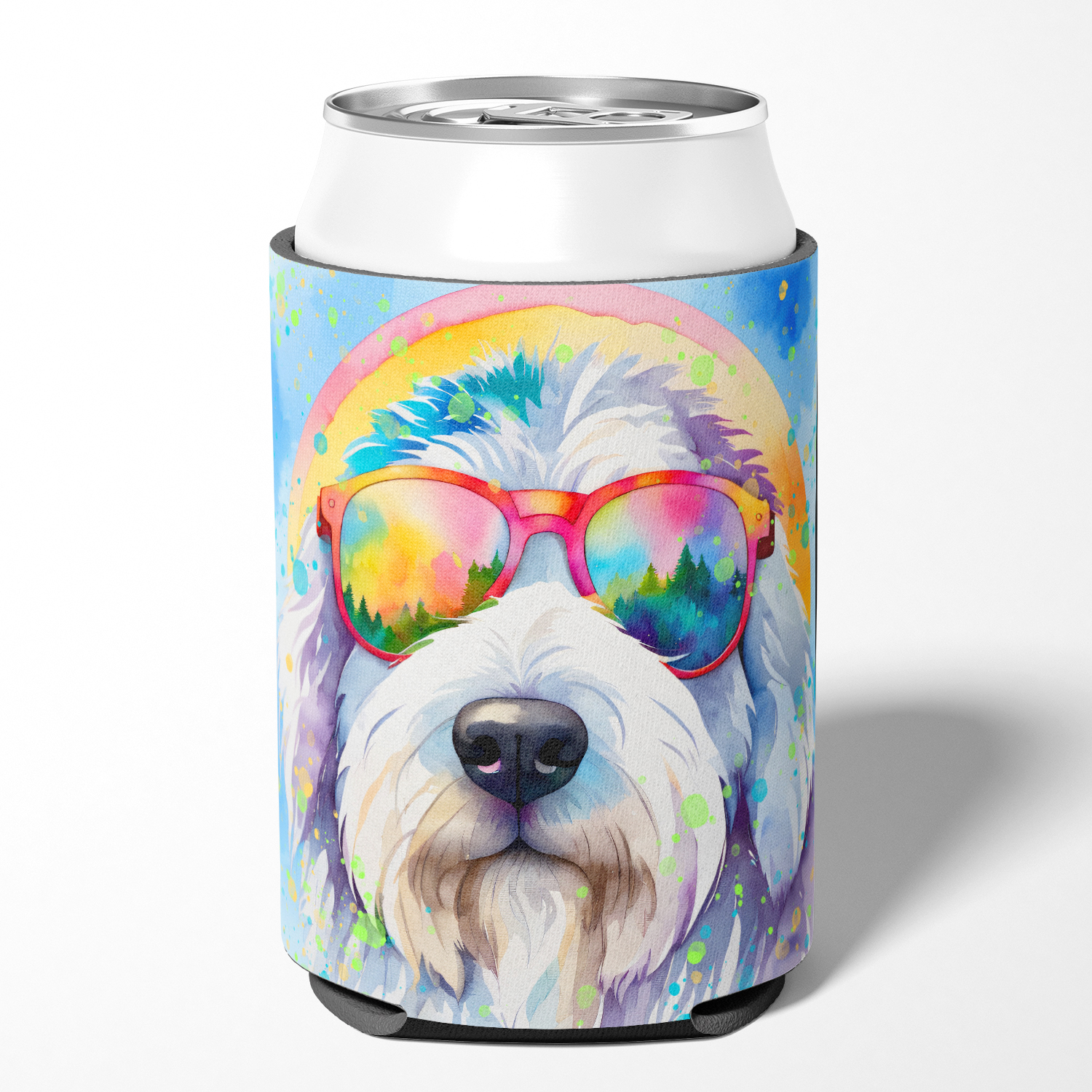 Old English Sheepdog Hippie Dawg Can or Bottle Hugger 3 in x 5 in