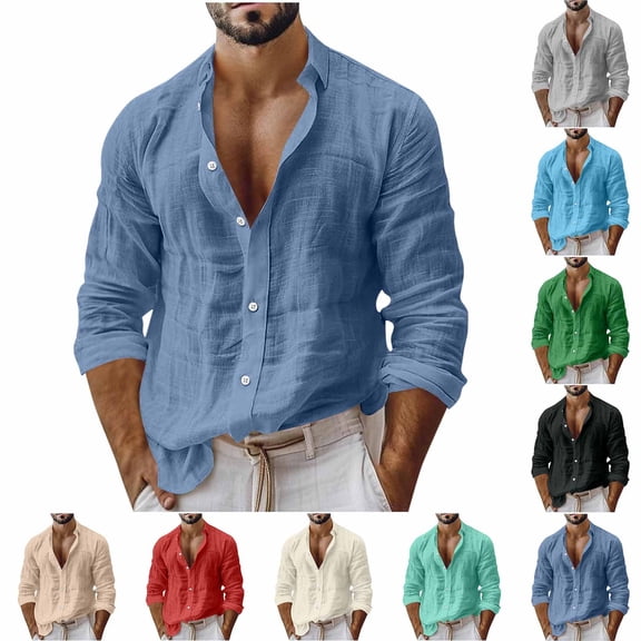 Purcolt Men's Linen Henley Shirt Long Sleeve Stand Collar Button Beach Summer Top for Vacation Resort Daily Wear Solid Work Business Casual Tops