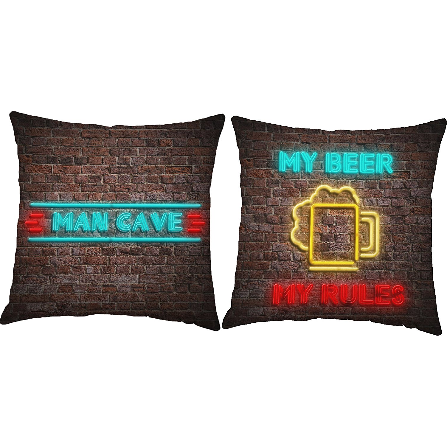 Set Of 2 Man Cave Throw Pillows 14x14 Inch Square White Cotton