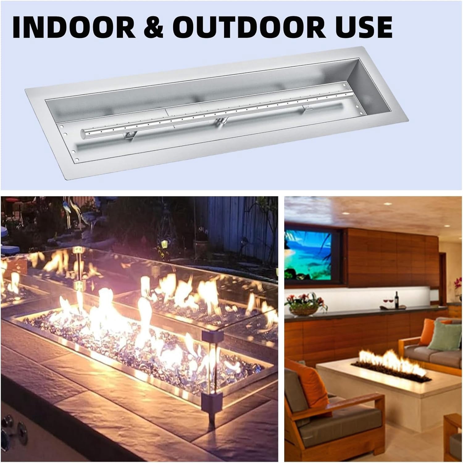 ChaoLink 30x6 Inch Stainless Steel Drop-In Square Fire Pit Burner Kit for DIY Propane & Natural Gas Fire Pits