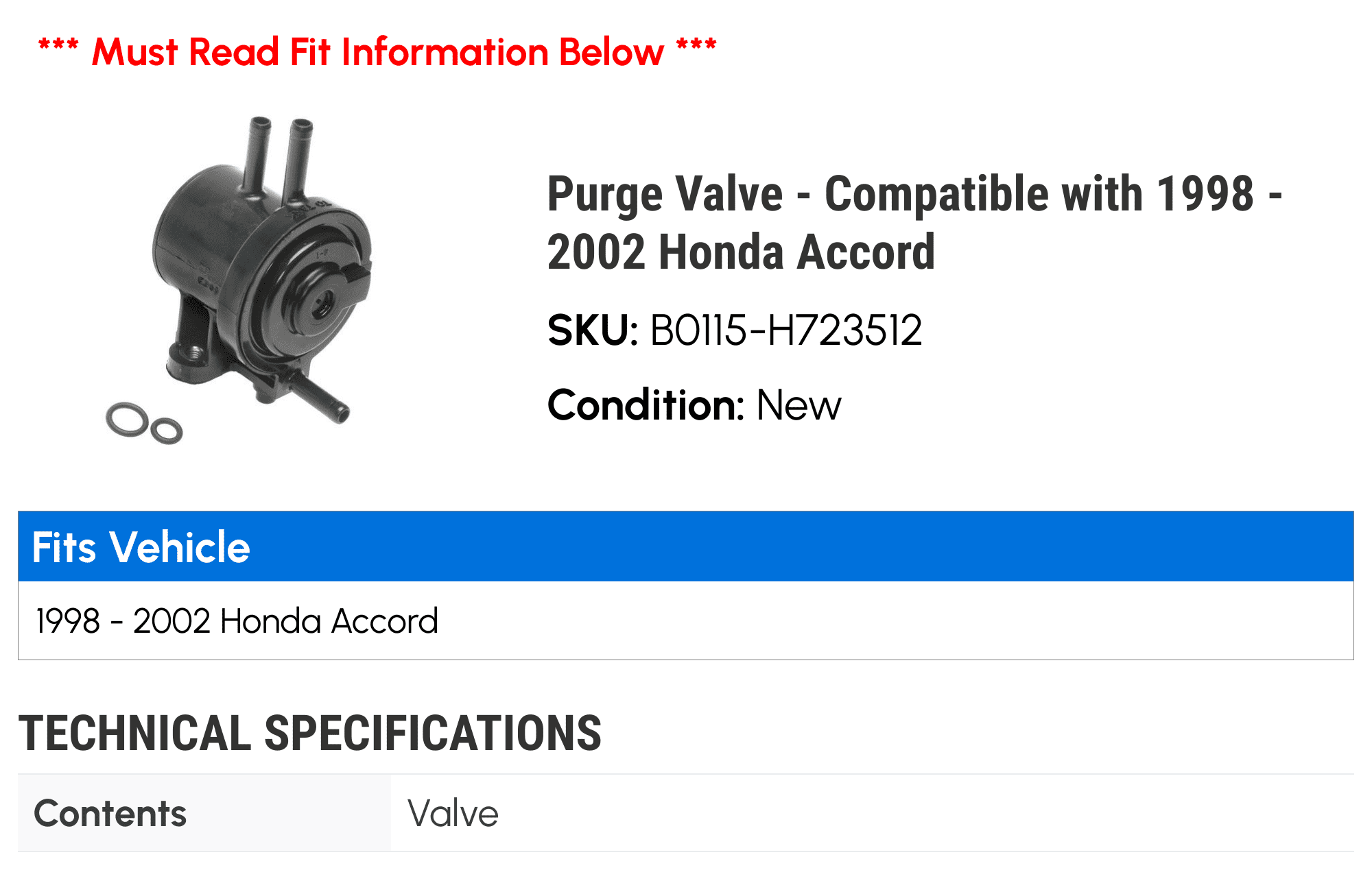 Purge Valve - Compatible with 1998 - 2002 Honda Accord 1999 2000 2001