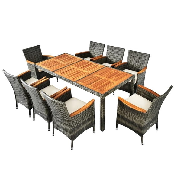Pemberly Row 9PCS Patio Rattan Dining Set Wood Table Chair Set Mix Gray