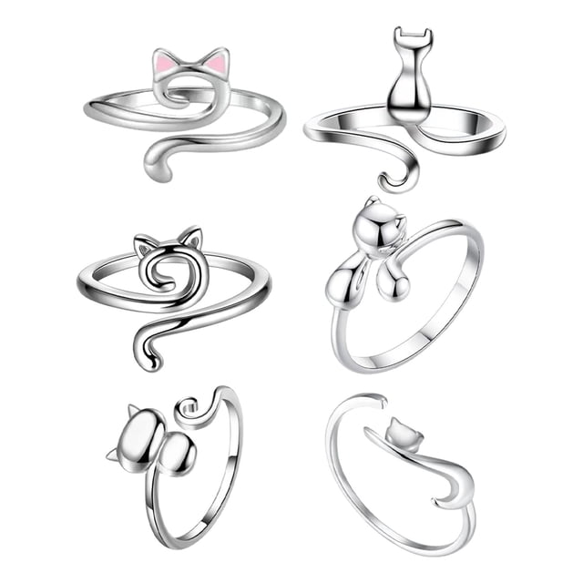 Anillos de gatito, joyería para mujeres y niñas, encantadores anillos de gato ajustables y abiertos, conjunto para regalos del día de San Valentín y e 6 uds.