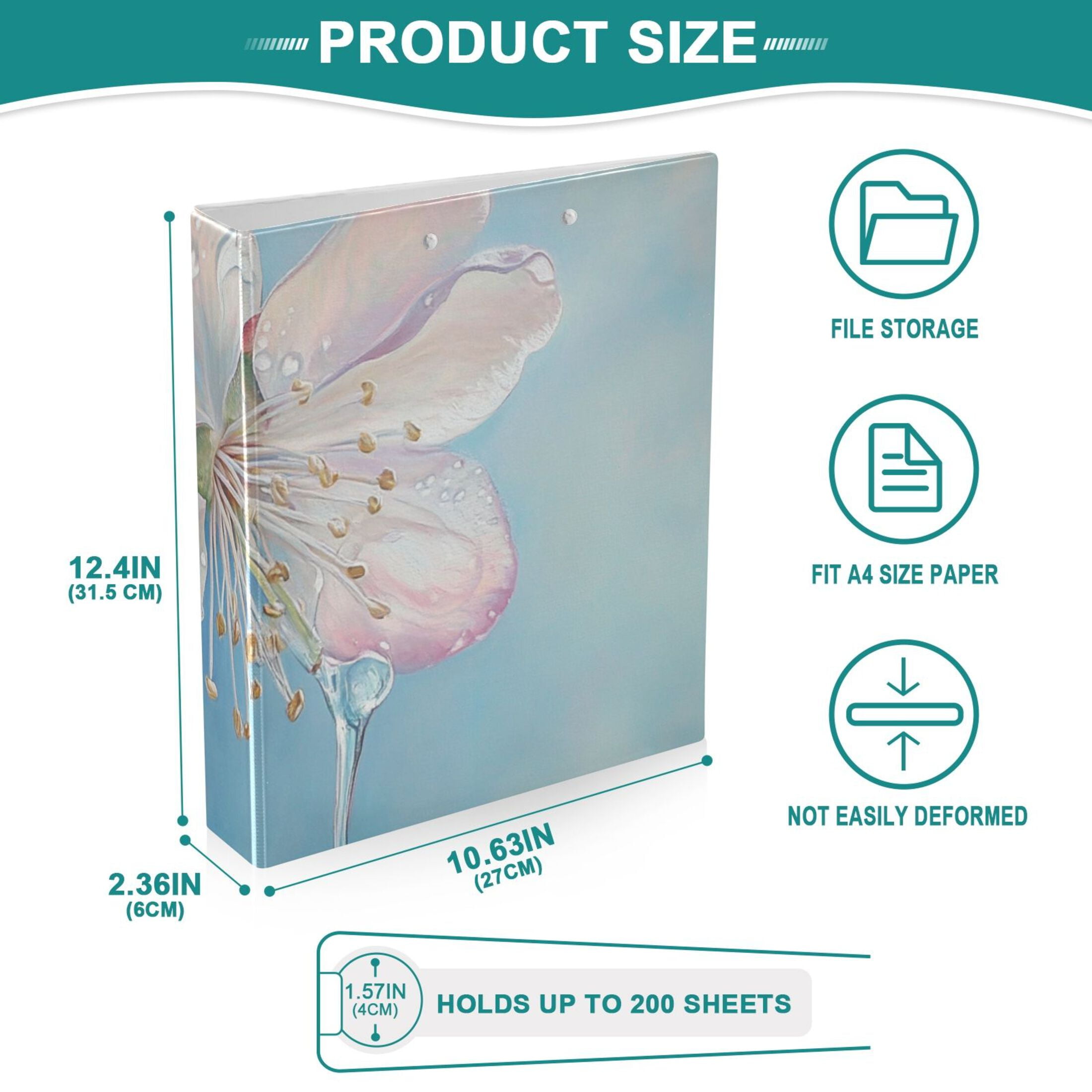 Flower Blossom Drop 3 Ring Binders 1.5 inch Hardcover File Folders with Interior Pockets A4 Size Organizer for School Office Hospital