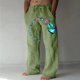 thumbnail image 2 of Pantalones casuales de lino para hombre, estampado de mariposas y pájaros, talla grande, sueltos, ligeros, elásticos, con cordón, para exteriores, playa, yoga verde, 3XL verde, 3XL Xishao ropa, 2 of 2