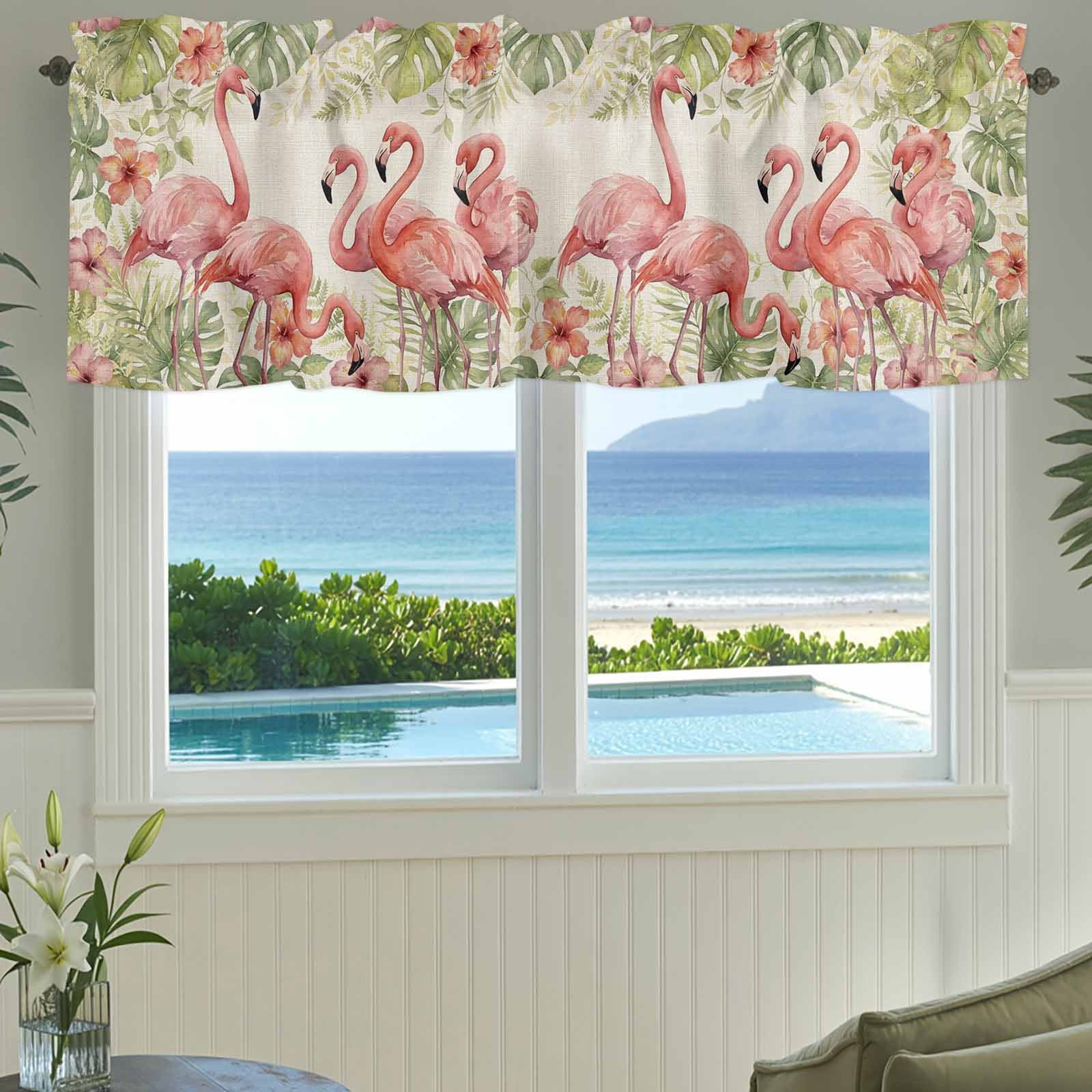 Summer Flamingo Valances for Windows Boho Red Tropical Animals Palm Trees Plants Linen Texture Rod Pocket Curtain Valance Window Treatment Short Curtains for Kitchen Living Room, 60"x18"