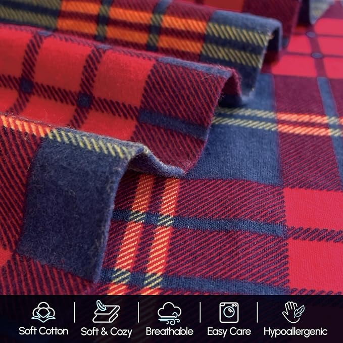 Elegant Comfort 4-Piece Cotton Flannel Sheet Set, Deep Pocket Fitted, Cali King, Plaid-Red/Navy