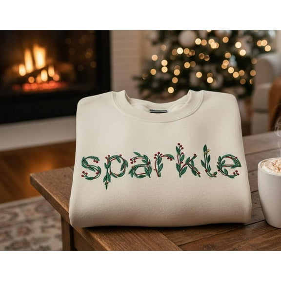 Sparkle Embroidered Sweatshirt, Holiday Lettering Sweater, Christmas Wreath Text Design, Cozy Winter Gift