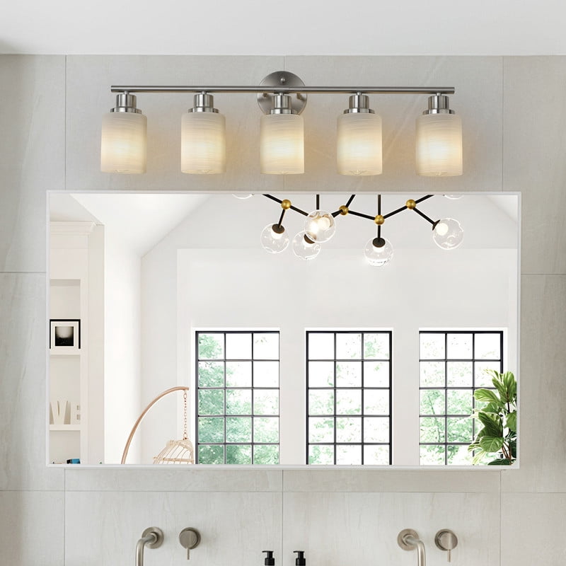 31" Brushed Nickel 5-Light Vanity Light Fixture with Frosted Glass Shades – Modern Wall Mount Bathroom Lighting for Over Mirror, Hallway, Powder Room, or Dressing Area (Bulbs Not Included)