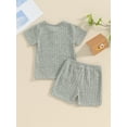 thumbnail image 4 of Suealasg Kids Baby Boys Summer Outfits Clothes 6M 1T 2T 3T 4T Solid Color Short Sleeve T-Shirt and Elastic Shorts 2Pcs Causal Vacation Clothing for Toddler Boys, 4 of 9