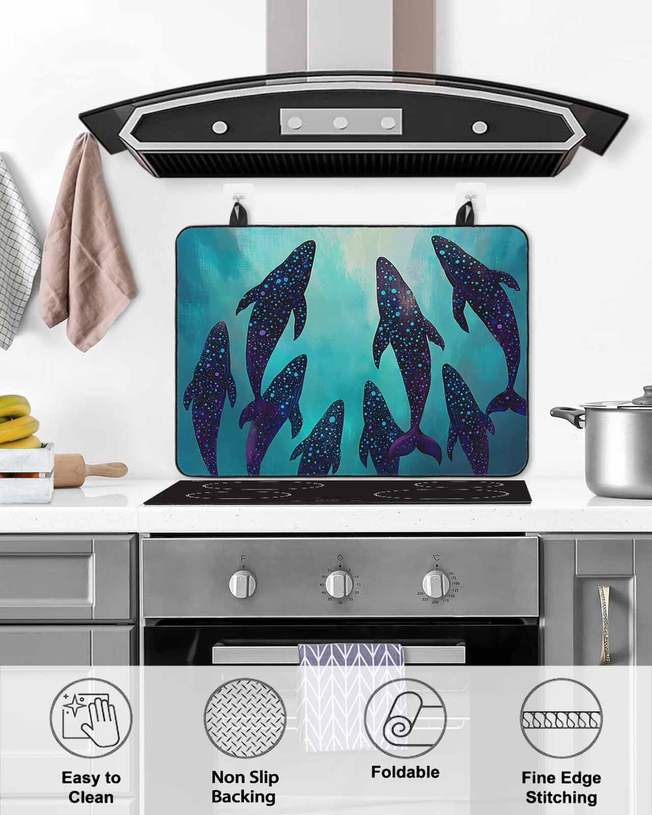 nqOlkjepod Large Induction Cooktop Protector Mat 24"x21", Ocean Whale Stove Top Covers for Electric Stove, Coastal Nautical Teal Sea Decorative Stove Burner Cover Mats, Glass Top Stove Cover