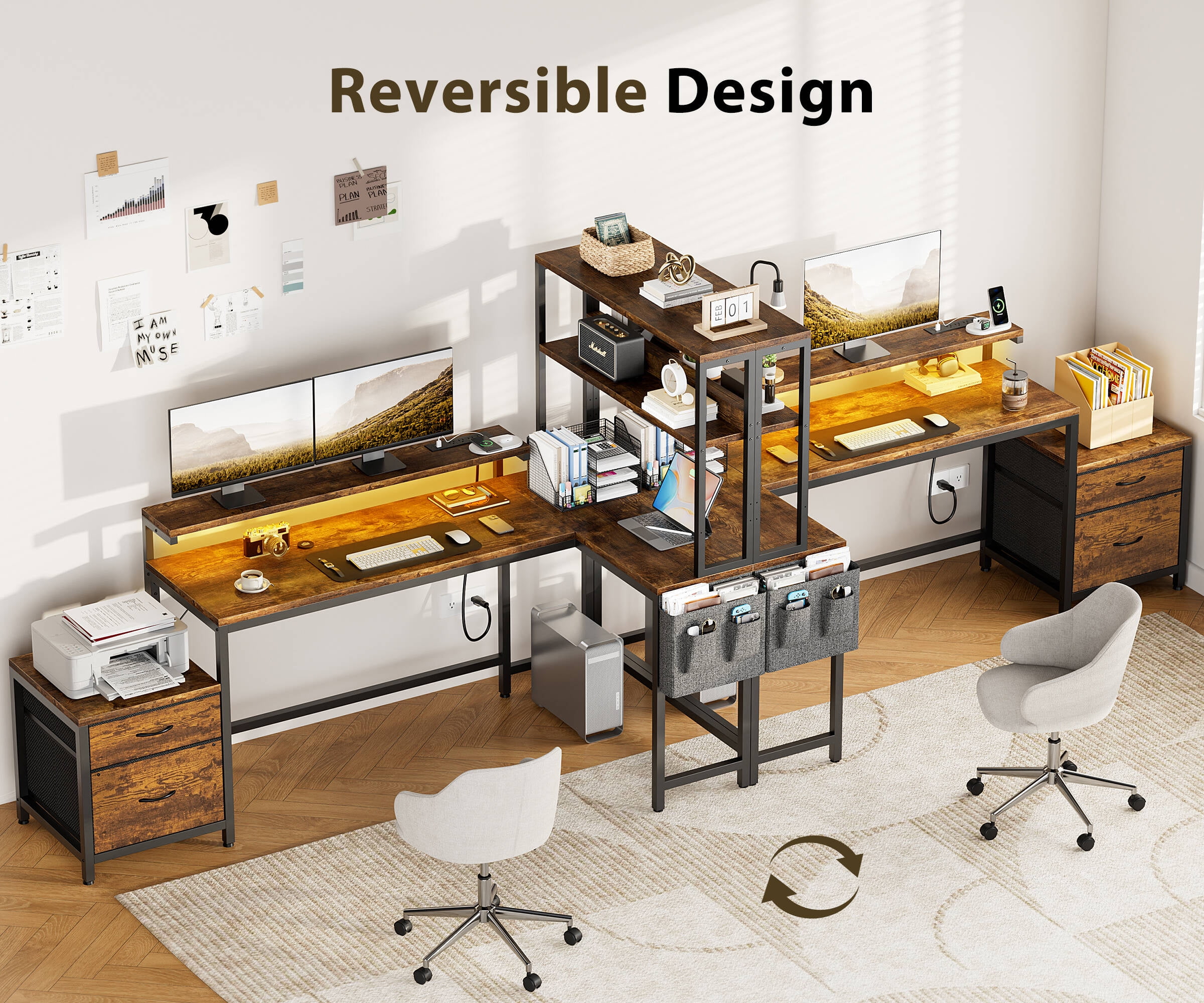GUNAITO L Shaped Gaming Desk with CPU Stand, 71" Corner Computer Desk,Reversible Office Desk with File Drawers Cabinet,3-Tier Shelf,Rustic Brown