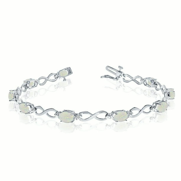 TheJewelryMaster 14K White Gold Oval Opal and Diamond Bracelet