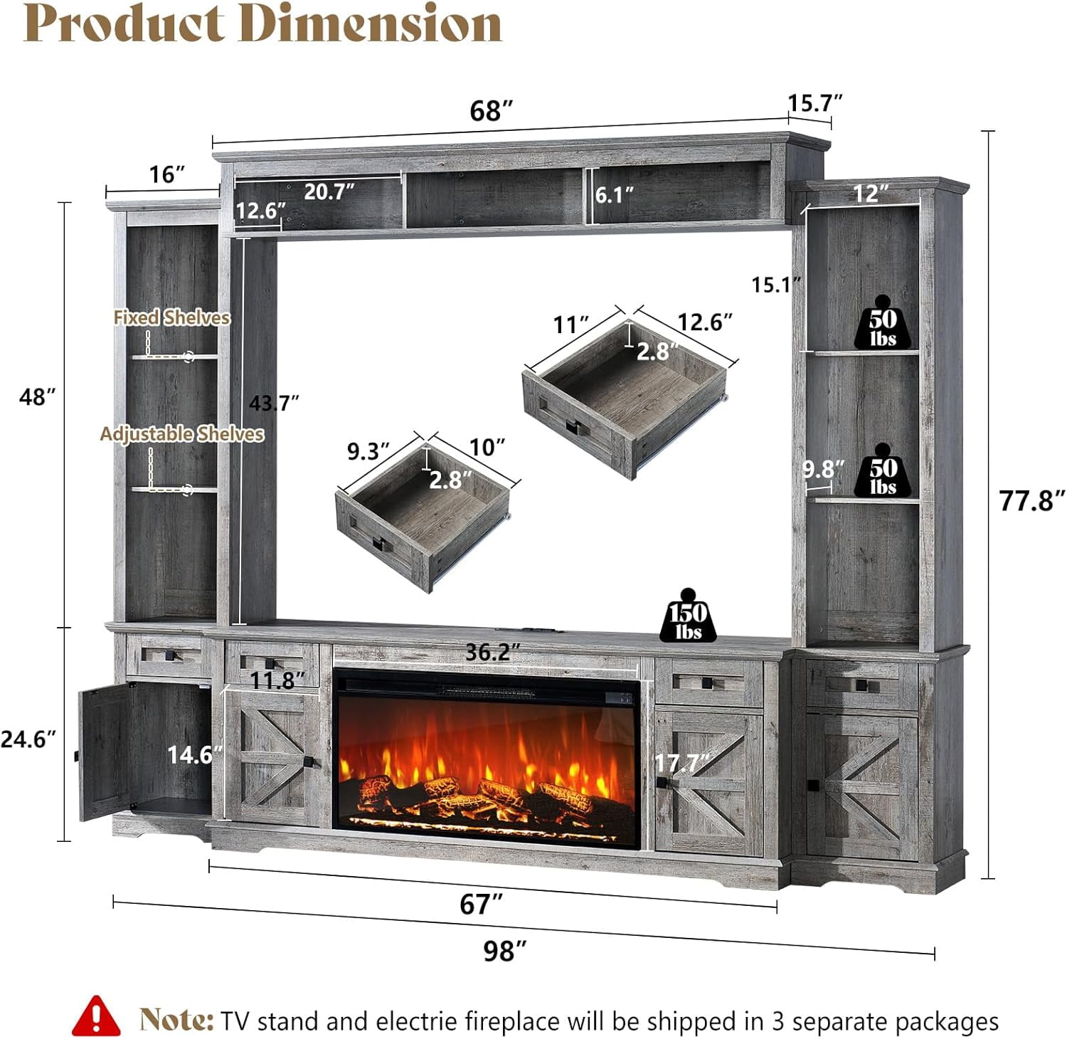 Merluxy Farmhouse TV Stand with Fireplace,Power Outlets,Bookshelves & Wine Cabinet for 78" TVs,Grey