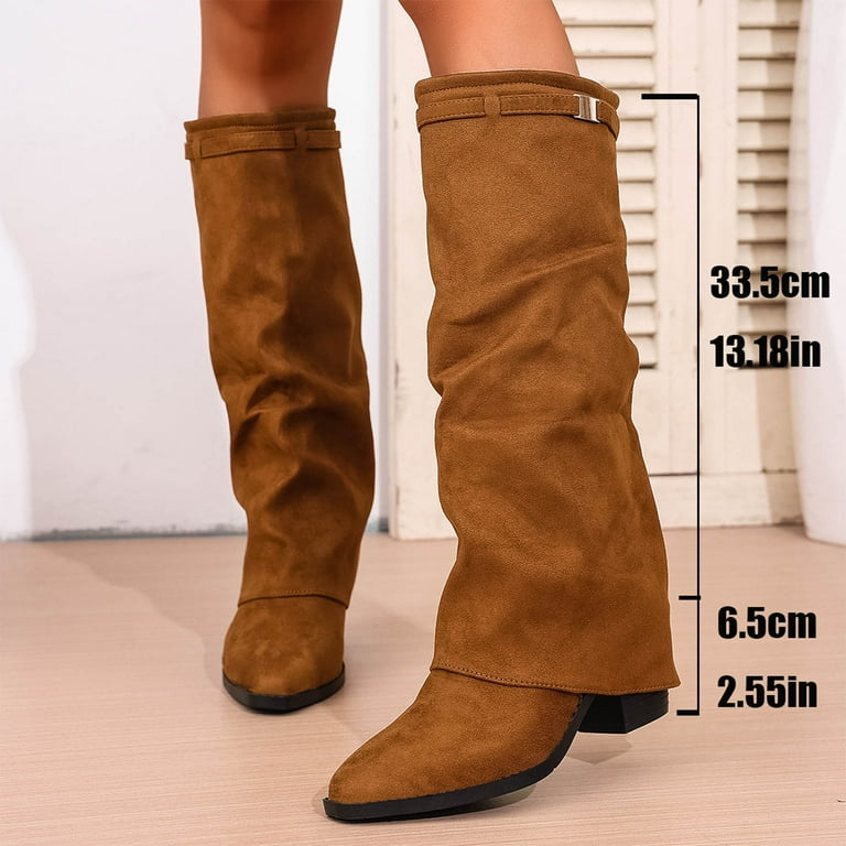 Womens Fold Over Knee High Boots Pointed Toe Tall Boots Block Low