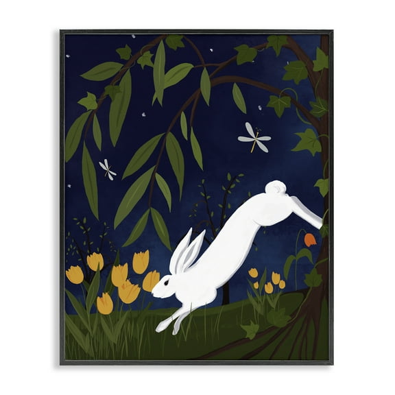 Stupell Industries Hare in Night Forest Animals Painting Black Framed Art Print Wall Art, 11 x 14