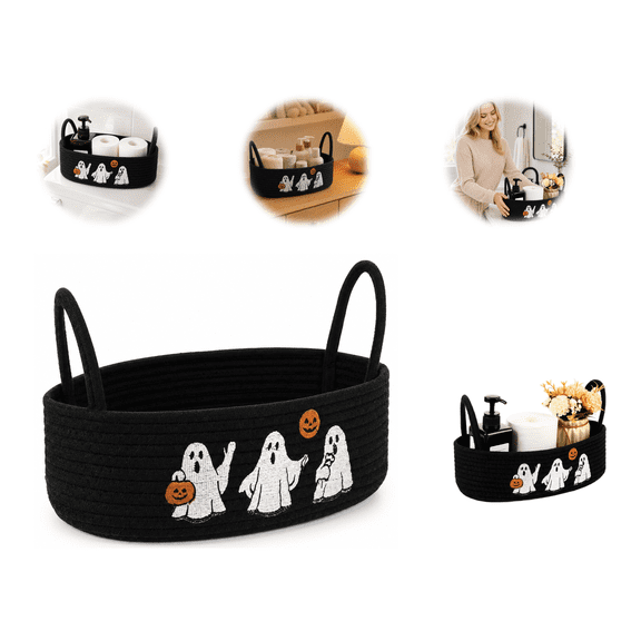 Halloween Ghost Storage Basket, Black Cotton Rope Woven Bin with Handles for Toilet Tank Top, Bathroom Countertop Organizer, Candy Gift Holder for Bedroom Nursery