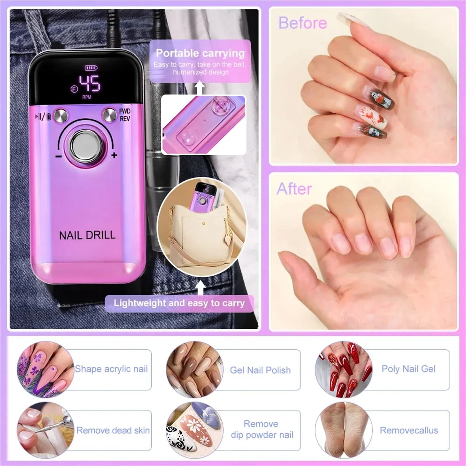 45000RPM Electric Nail Drill Machine Professional Nail Drills for Gel Nails Polish Low Noise Rechargeable  Portable Nail File