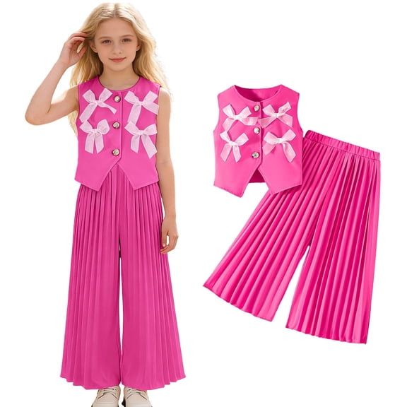 Toddler Girls Two Piece Outfits Bow Sleeveless Vest and Wide Leg Pants Set Summer Outfits Cute Girl Clothes 3-4 Years