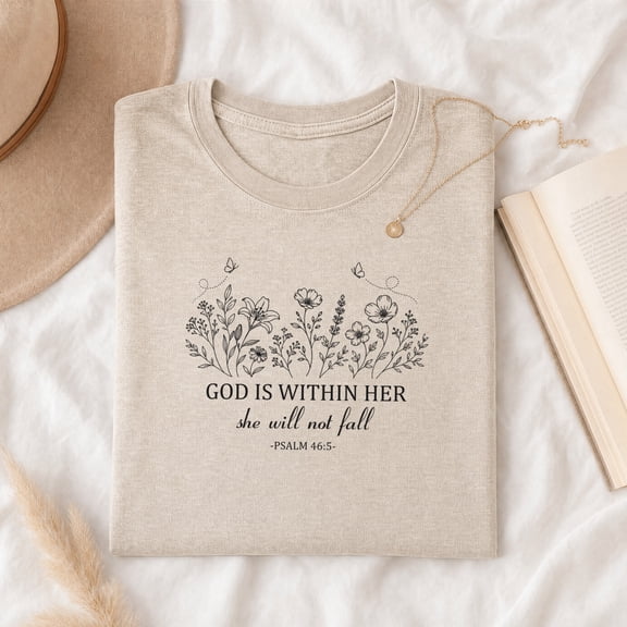 Jollimate God Is Within Her She Will Not Fall T-Shirt, Psalm 46:5 Wildflower Graphic Tee, Faith Gift for Women