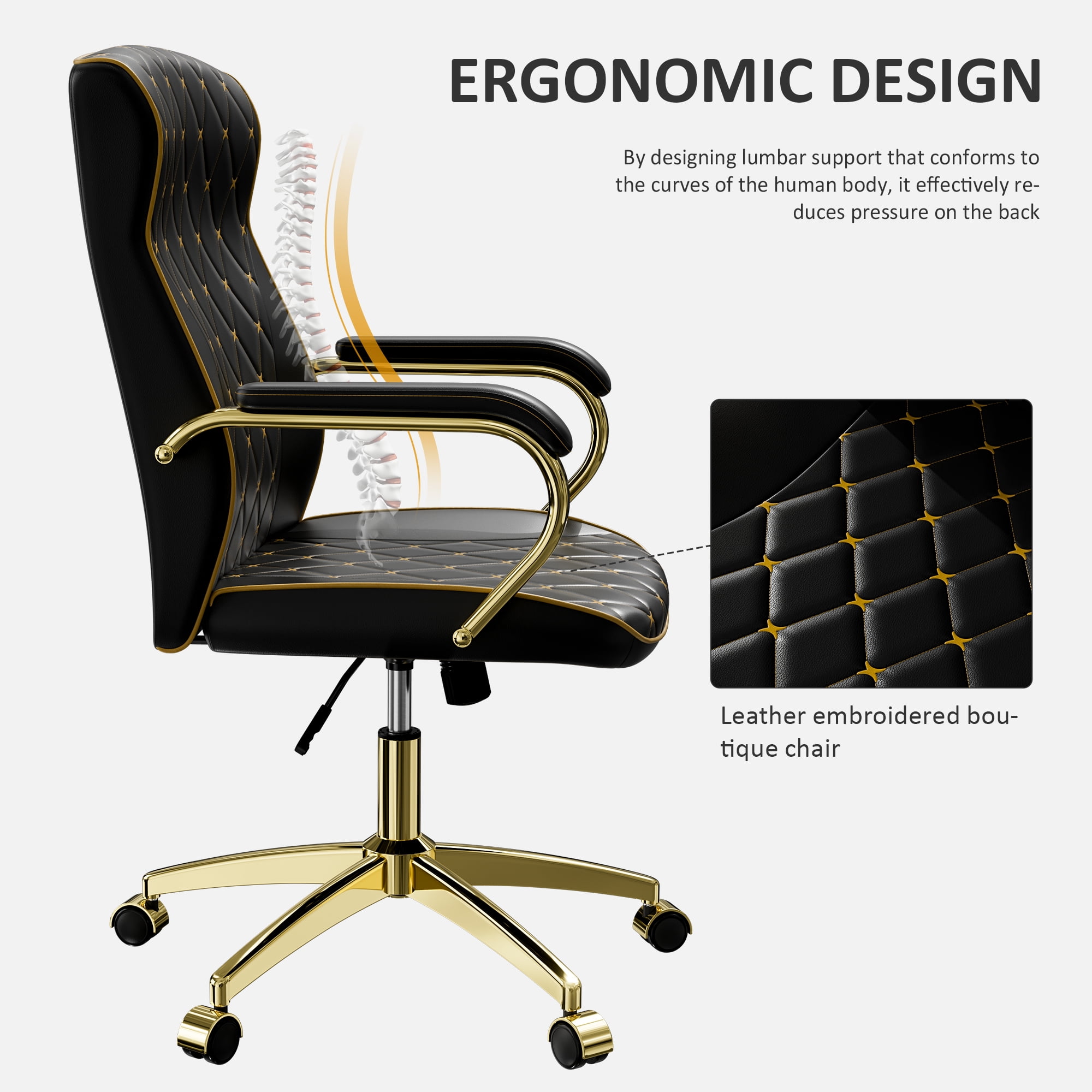Big and Tall Black Office Chair Set of 2, High Back 360 Swivel Executive Office Desk Chair, PU Leather Desk Chair with Gold Metal Leg, Computer Home Office Chair with Rocking Function, Black