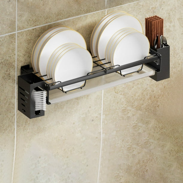 Portacuencas de acero inoxidable montado en la pared | Organizador multiusos para almacenamiento de cocina, diseño no perforado | Contiene platos, cuencos, utensilios | Ahorro de espacio, fácil