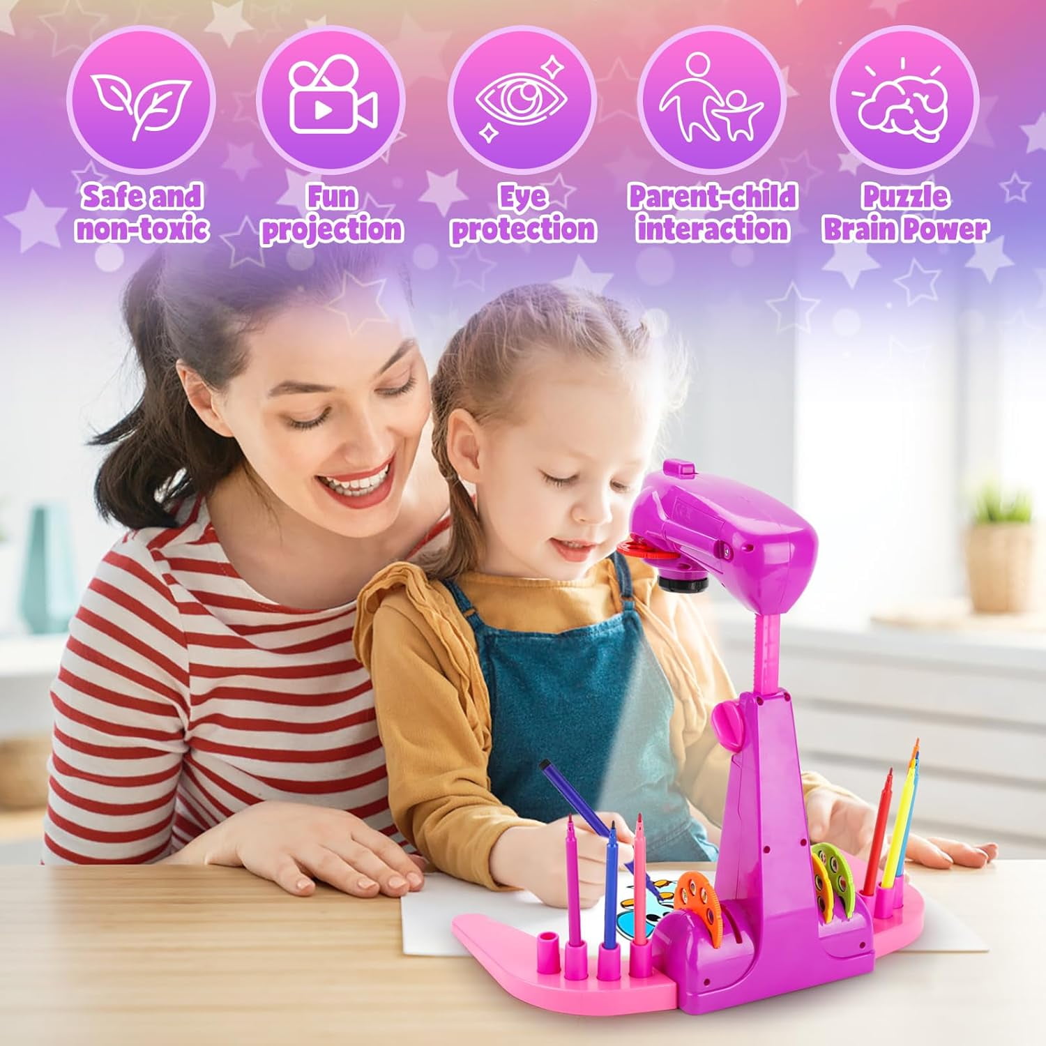 Wiher Kids Drawing Projector, Tracing and Drawing Projector Toys for Girls Aged 3+,Kids Smart Projector with 32cartoon patters and 12color Brushes for Children Learn to Draw and Sketch (Pink)