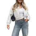 thumbnail image 2 of Females Solid Color Jacket Spring Casual Cropped Jackets Long Sleeve Zip Up Jacket Coat Outwear Beige S, 2 of 5