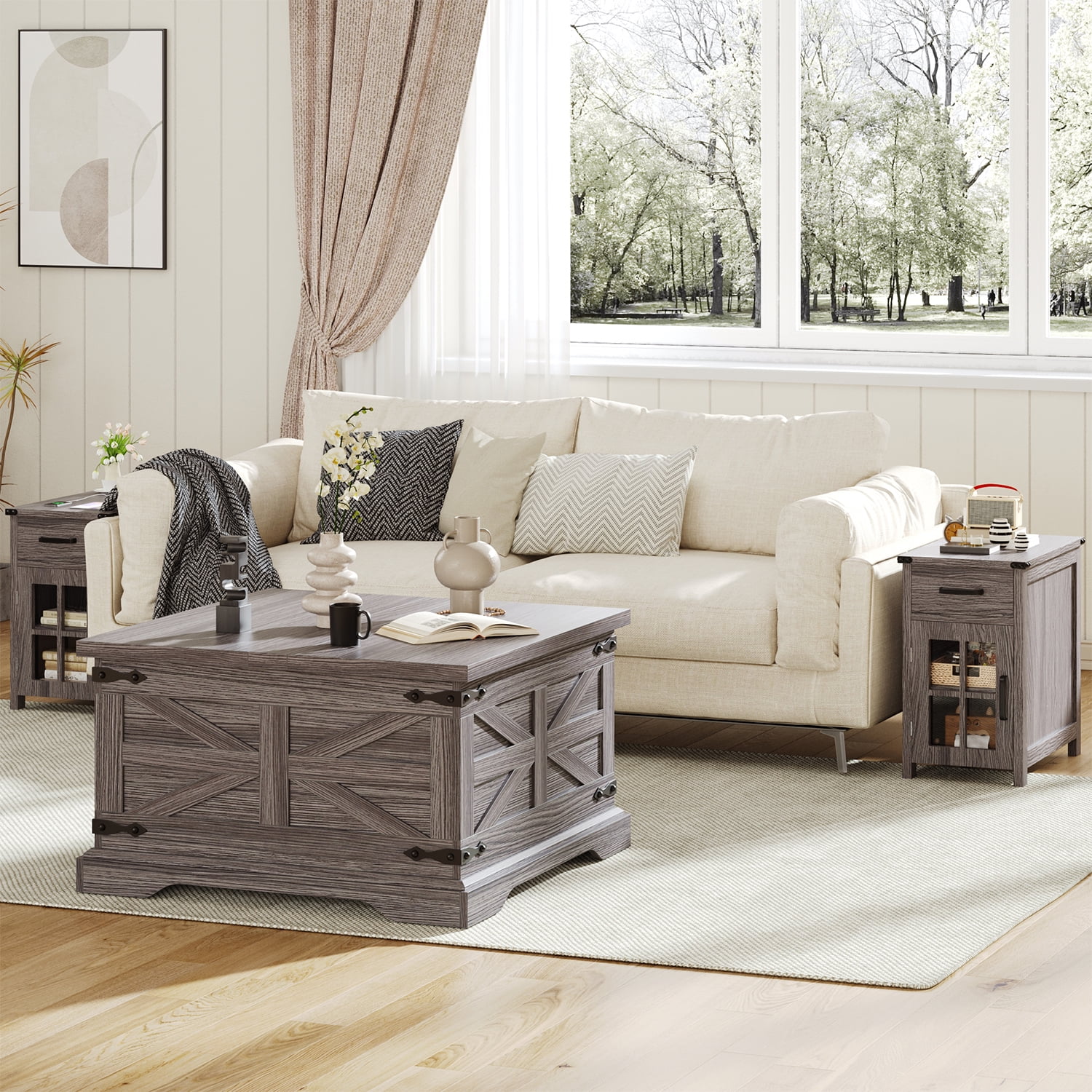 VVFLU Farmhouse Square Coffee Table with Storage for Living Room, Hinged Lift Top Soft Close, Grey