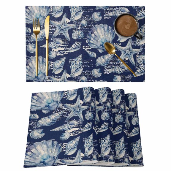 Coastal Seashell Placemats Set of 12, Summer Nautical Navy Blue Shell Starfish Non-Slip Place Mats Washable Table Mats for Kitchen Dining Table Decorations Indoor/Outdoor